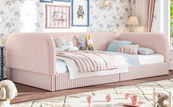 English Elm Twin Montessori Floor Bed Teddy Fleece Upholstered Low Platform with Safety Guardrails Pink W1580P493114