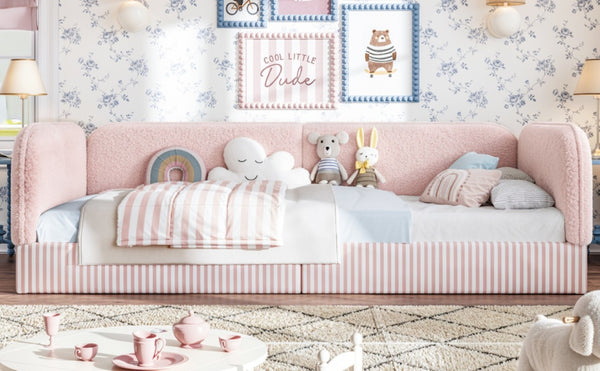 English Elm Twin Montessori Floor Bed Teddy Fleece Upholstered Low Platform with Safety Guardrails Pink W1580P493114