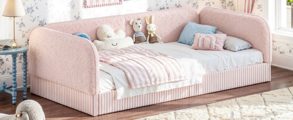 English Elm Twin Montessori Floor Bed Teddy Fleece Upholstered Low Platform with Safety Guardrails Pink W1580P493114