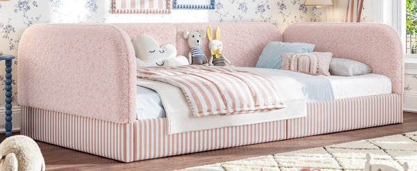 English Elm Twin Montessori Floor Bed Teddy Fleece Upholstered Low Platform with Safety Guardrails Pink W1580P493114