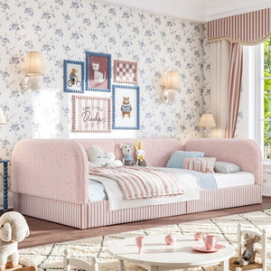 English Elm Twin Montessori Floor Bed Teddy Fleece Upholstered Low Platform with Safety Guardrails Pink W1580P493114