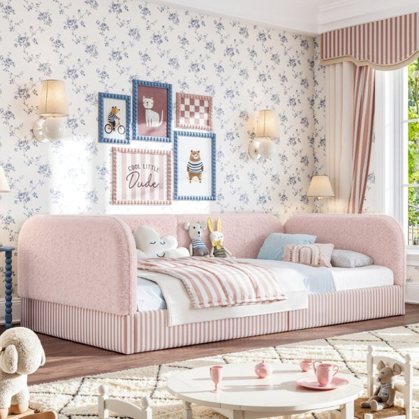 English Elm Twin Montessori Floor Bed Teddy Fleece Upholstered Low Platform with Safety Guardrails Pink W1580P493114