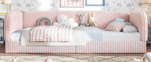English Elm Twin Montessori Floor Bed Teddy Fleece Upholstered Low Platform with Safety Guardrails Pink W1580P493114
