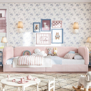 English Elm Twin Montessori Floor Bed Teddy Fleece Upholstered Low Platform with Safety Guardrails Pink W1580P493114