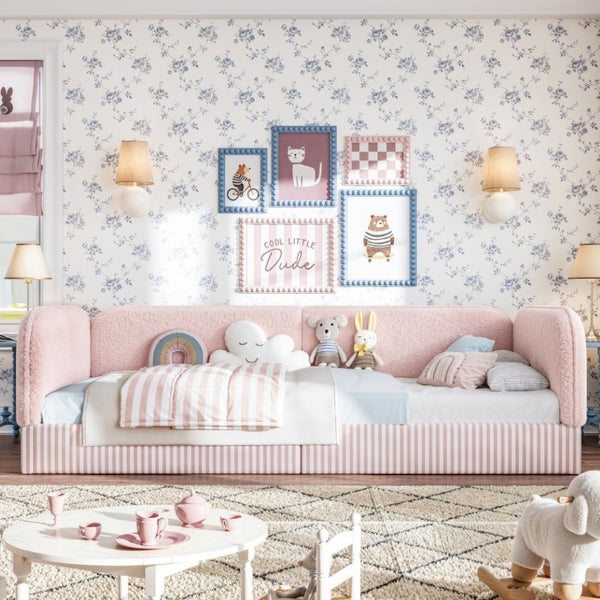 English Elm Twin Montessori Floor Bed Teddy Fleece Upholstered Low Platform with Safety Guardrails Pink W1580P493114