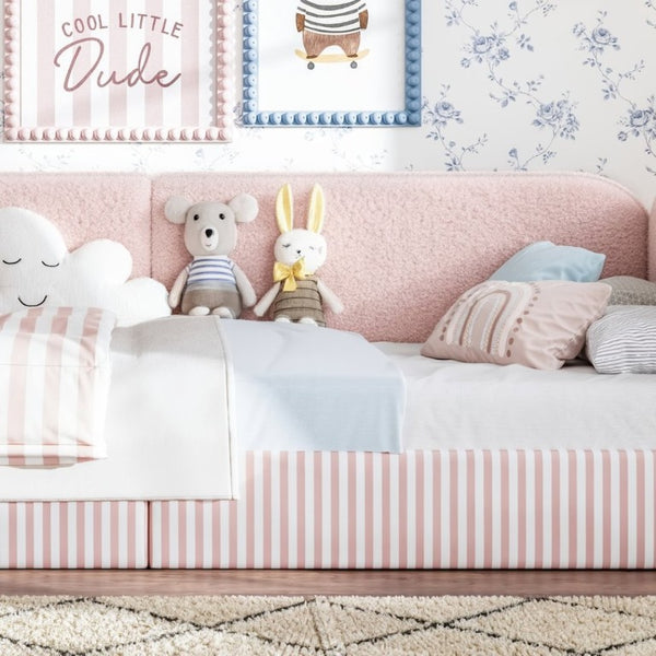 English Elm Twin Montessori Floor Bed Teddy Fleece Upholstered Low Platform with Safety Guardrails Pink W1580P493114