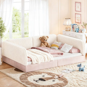 English Elm Full Montessori Floor Bed Plush Teddy Fleece Kids Platform Frame with Guardrails Beige W1580P493118