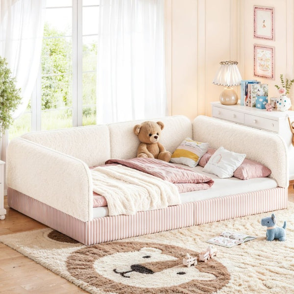 English Elm Full Montessori Floor Bed Plush Teddy Fleece Kids Platform Frame with Guardrails Beige W1580P493118