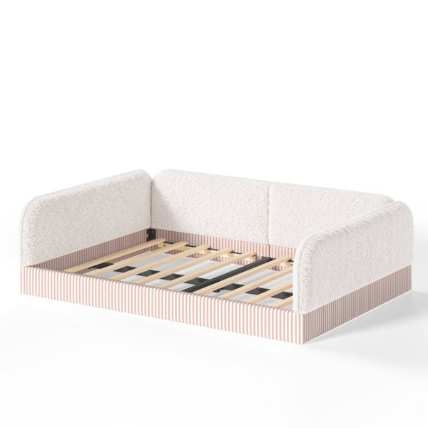 English Elm Full Montessori Floor Bed Plush Teddy Fleece Kids Platform Frame with Guardrails Beige W1580P493118