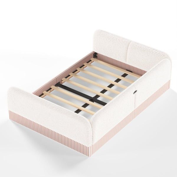 English Elm Full Montessori Floor Bed Plush Teddy Fleece Kids Platform Frame with Guardrails Beige W1580P493118