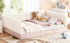 English Elm Full Montessori Floor Bed Plush Teddy Fleece Kids Platform Frame with Guardrails Beige W1580P493118