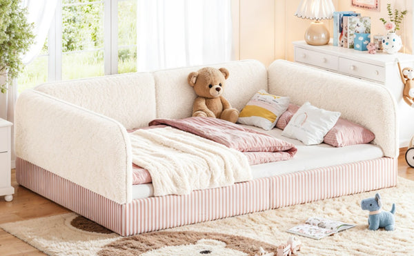 English Elm Full Montessori Floor Bed Plush Teddy Fleece Kids Platform Frame with Guardrails Beige W1580P493118