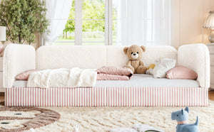 English Elm Full Montessori Floor Bed Plush Teddy Fleece Kids Platform Frame with Guardrails Beige W1580P493118
