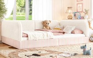English Elm Full Montessori Floor Bed Plush Teddy Fleece Kids Platform Frame with Guardrails Beige W1580P493118