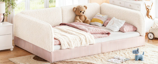 English Elm Full Montessori Floor Bed Plush Teddy Fleece Kids Platform Frame with Guardrails Beige W1580P493118