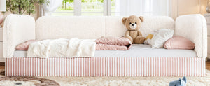 English Elm Full Montessori Floor Bed Plush Teddy Fleece Kids Platform Frame with Guardrails Beige W1580P493118