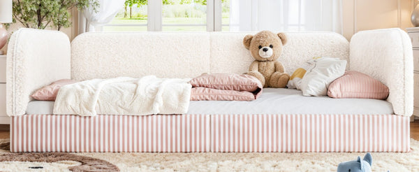 English Elm Full Montessori Floor Bed Plush Teddy Fleece Kids Platform Frame with Guardrails Beige W1580P493118