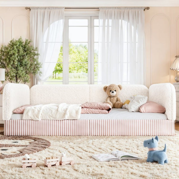 English Elm Full Montessori Floor Bed Plush Teddy Fleece Kids Platform Frame with Guardrails Beige W1580P493118