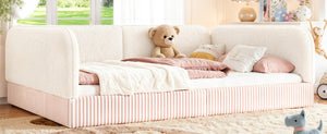 English Elm Full Montessori Floor Bed Plush Teddy Fleece Kids Platform Frame with Guardrails Beige W1580P493118