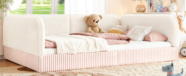 English Elm Full Montessori Floor Bed Plush Teddy Fleece Kids Platform Frame with Guardrails Beige W1580P493118