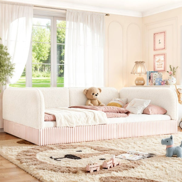 English Elm Full Montessori Floor Bed Plush Teddy Fleece Kids Platform Frame with Guardrails Beige W1580P493118
