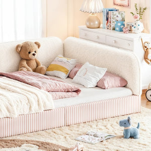 English Elm Full Montessori Floor Bed Plush Teddy Fleece Kids Platform Frame with Guardrails Beige W1580P493118