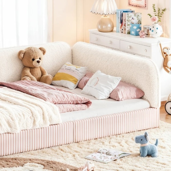 English Elm Full Montessori Floor Bed Plush Teddy Fleece Kids Platform Frame with Guardrails Beige W1580P493118