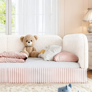 English Elm Full Montessori Floor Bed Plush Teddy Fleece Kids Platform Frame with Guardrails Beige W1580P493118