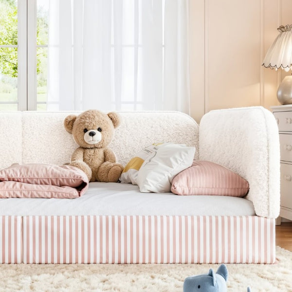 English Elm Full Montessori Floor Bed Plush Teddy Fleece Kids Platform Frame with Guardrails Beige W1580P493118