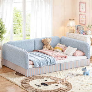 English Elm Full Montessori Floor Bed Plush Teddy Fleece Kids Platform Frame with Guardrails Blue W1580P493119