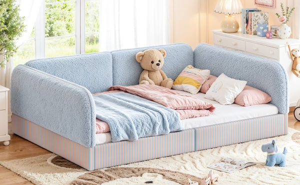 English Elm Full Montessori Floor Bed Plush Teddy Fleece Kids Platform Frame with Guardrails Blue W1580P493119