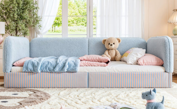 English Elm Full Montessori Floor Bed Plush Teddy Fleece Kids Platform Frame with Guardrails Blue W1580P493119