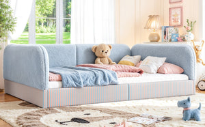 English Elm Full Montessori Floor Bed Plush Teddy Fleece Kids Platform Frame with Guardrails Blue W1580P493119