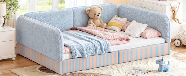 English Elm Full Montessori Floor Bed Plush Teddy Fleece Kids Platform Frame with Guardrails Blue W1580P493119