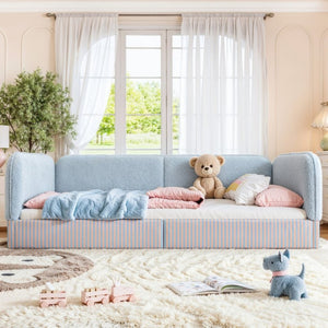 English Elm Full Montessori Floor Bed Plush Teddy Fleece Kids Platform Frame with Guardrails Blue W1580P493119