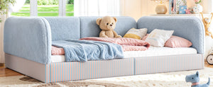 English Elm Full Montessori Floor Bed Plush Teddy Fleece Kids Platform Frame with Guardrails Blue W1580P493119
