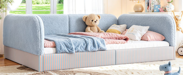 English Elm Full Montessori Floor Bed Plush Teddy Fleece Kids Platform Frame with Guardrails Blue W1580P493119