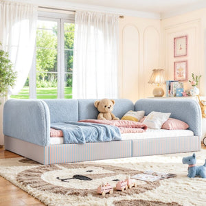 English Elm Full Montessori Floor Bed Plush Teddy Fleece Kids Platform Frame with Guardrails Blue W1580P493119