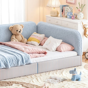 English Elm Full Montessori Floor Bed Plush Teddy Fleece Kids Platform Frame with Guardrails Blue W1580P493119