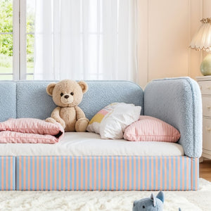 English Elm Full Montessori Floor Bed Plush Teddy Fleece Kids Platform Frame with Guardrails Blue W1580P493119