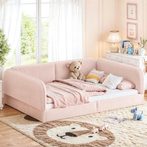 English Elm Full Montessori Floor Bed Plush Teddy Fleece Kids Platform Frame with Guardrails Pink W1580P493121