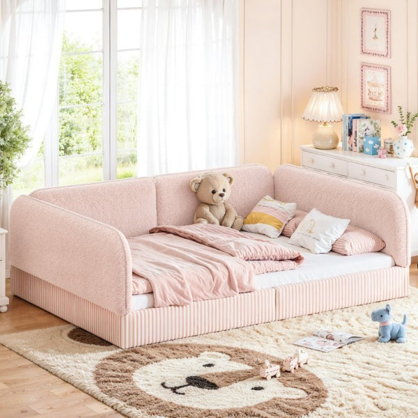 English Elm Full Montessori Floor Bed Plush Teddy Fleece Kids Platform Frame with Guardrails Pink W1580P493121