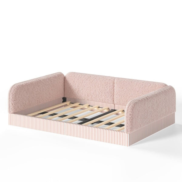 English Elm Full Montessori Floor Bed Plush Teddy Fleece Kids Platform Frame with Guardrails Pink W1580P493121
