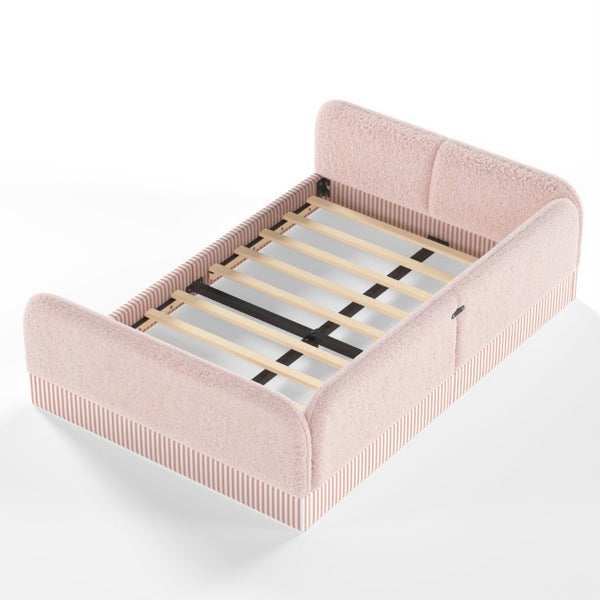 English Elm Full Montessori Floor Bed Plush Teddy Fleece Kids Platform Frame with Guardrails Pink W1580P493121