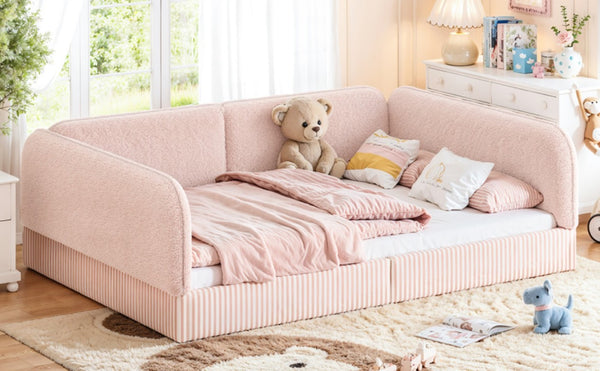 English Elm Full Montessori Floor Bed Plush Teddy Fleece Kids Platform Frame with Guardrails Pink W1580P493121