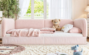English Elm Full Montessori Floor Bed Plush Teddy Fleece Kids Platform Frame with Guardrails Pink W1580P493121