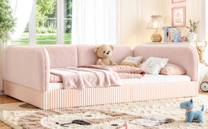 English Elm Full Montessori Floor Bed Plush Teddy Fleece Kids Platform Frame with Guardrails Pink W1580P493121