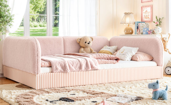 English Elm Full Montessori Floor Bed Plush Teddy Fleece Kids Platform Frame with Guardrails Pink W1580P493121