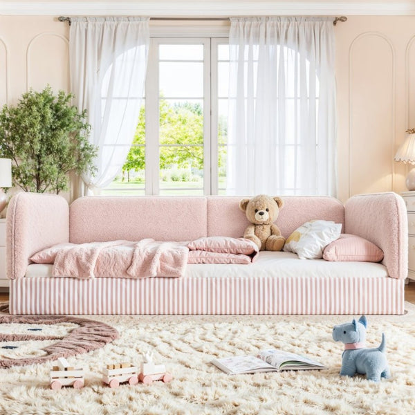 English Elm Full Montessori Floor Bed Plush Teddy Fleece Kids Platform Frame with Guardrails Pink W1580P493121
