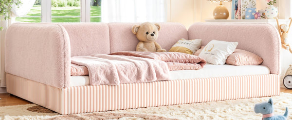 English Elm Full Montessori Floor Bed Plush Teddy Fleece Kids Platform Frame with Guardrails Pink W1580P493121